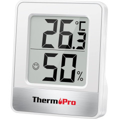 ThermoPro TP49 Digitālais mini termohigrometrs iekštelpu termometrs higrometrs temperatūras un mitruma mērītājs ar telpas klimata indikatoru telpas klimata kontrolei, balts