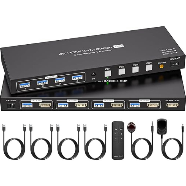 VPFET 4 portu HDMI KVM slēdzis 4 PC 1 monitori 4K60Hz KVM slēdzis HDMI 2.0 koplietošana 4 USB 3.0 ierīces Atbalsta simulācijas EDID ar DC12V barošanas adapteri un 4 USB 3.0 kabeli