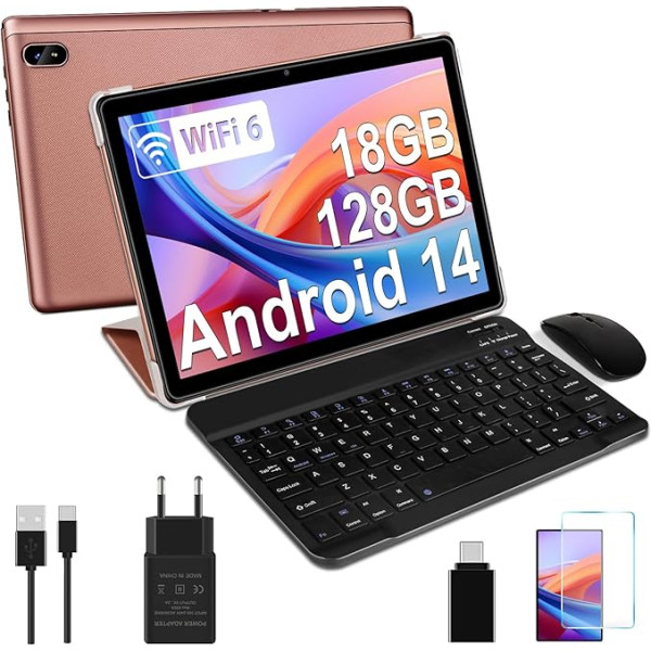 DMOAO planšetdators 10 collu Android 14 ar 5G WiFi 6, 18 GB RAM + 128 GB ROM (TF 1TB), Widevine L1, Octa-Core 1,8 GHz, BT5.0, Face ID, HD 1280 x 800 IPS, 6000 mAh, 2 in 1 planšetdators ar tastatūru + peli, rozā krāsā