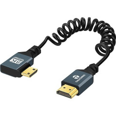 Thsucords Spirālveida kabelis 8K Mini HDMI uz HDMI 1M, 90 grādu kreisā leņķa HDMI uz Mini HDMI, vīrišķīgs spirālveida kabelis, atbalsta 8K @ 60 Hz, 4K @ 120 Hz, 48 Gbps, Nikon/Canon DSLR, videokamerām, klēpjdatoriem