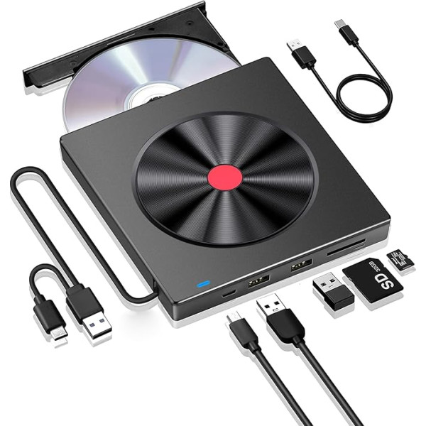 BEVA Ārējais CD DVD disks USB 3.0 Type-C, DVD disks ar USB pieslēgvietu un SD/TF ligzdu, RW ierakstītājs, portatīvais, ātra datu pārraide