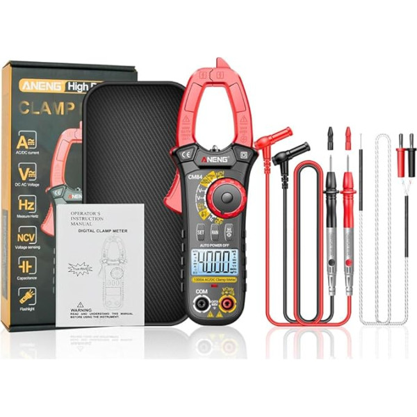 SATMW CM84 Digitales Zangenmessgerät für DC/AC-Strom und Spannung, 4000 Zählungen, Multimeter, Strommessgerät, Tester, Auto, Ampere, Hertz, Kondensator, NCV, mit Box - Rot