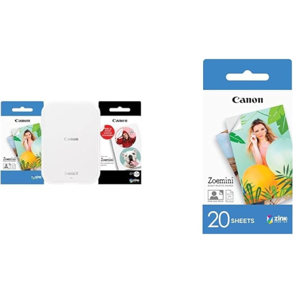 Canon Zoemini 2 Mini foto printeris, portatīvais, portatīvais, ceļojumu, kabatas drukas komplekts un ZP-2030 oriģinālais cinka fotopapīrs 20 loksnes Zoemini Instant Camera / Photo Printeris