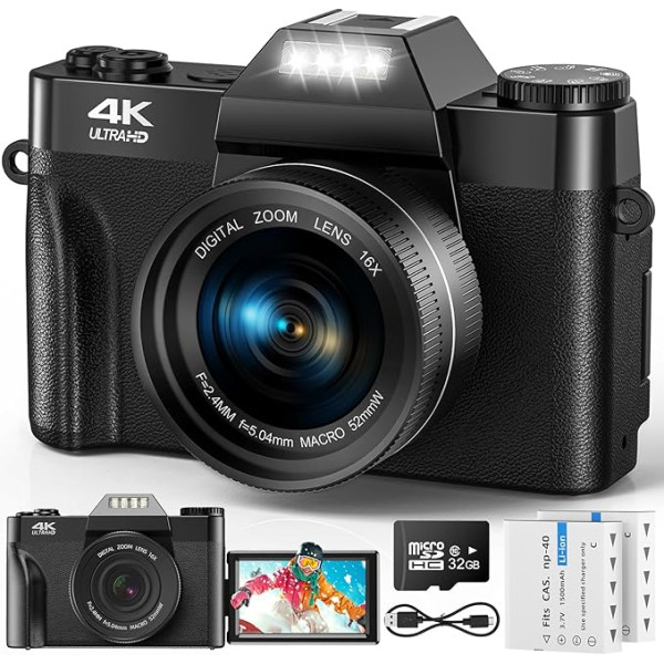 JHAMAL Digitālā kamera 4K - autofokusa 56MP foto kamera UHD kamera - 3 collu 180° flip ekrāna zibspuldzes kompaktkameras 16X digitālā tālummaiņa ar 32GB Micro SD karti un 2 1500mAh akumulatoriem iesācējiem bērniem