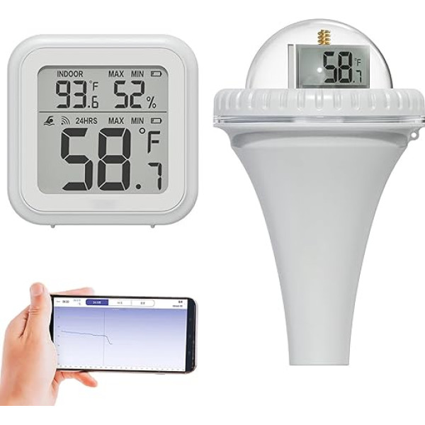 Digitālais baseina termometrs, bezvadu baseina termometrs, peldošais baseina termometrs, ar temperatūras un mitruma mērītāju iekštelpās baseinam, dīķim, āra sistēmai