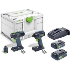 Festool skrūvgriežu un urbju komplekts TID 18 HPC 4.0 I-Set T18 (ar TID 18, T 18+3, akumulatoru BP 18 Li 4.0, ātro lādētāju, bezatslēgas urbju turētāju, jostas skavu), iepakojumā Systainer