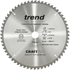 Trend CraftPro CSB/CC30560 Negatīvā āķa TCT ripzāģa nazis, 305 mm diametrs x 60 zobi x 30 mm caurums, karbīda uzgaļi