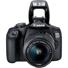 Canon EOS 2000D spoguļkameras ar EF-S 18-55 IS II objektīvu (24,1 MP, DIGIC 4+, 7,5 cm (3,0 collu) LCD, displejs, Full HD, WiFi, APS-C CMOS sensors), melna