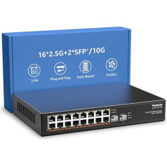 18 pieslēgvietu 2.5G Umanaged Ethernet komutators, 16 x 2.5G Base-T pieslēgvietu, 2 x 10G SFP, 10/100/1000M saderīgs, metāla, bez ventilatora, darbvirsmas/stelāžas, YuanLey 2.5Gbe tīkla komutators Wireless AP, NAS, PC