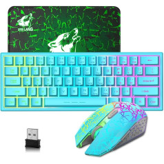 LexonElec 60% procentuāli zila bezvadu spēļu tastatūras komplekts bezvadu apgaismota mini RGB LED gaismu Ergonomiska 3800 mAh uzlādējama mehāniskā tastatūra ar 2400 DPI priekš PC Mac