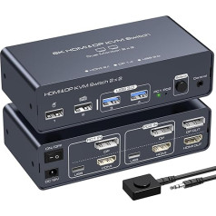 VEDINDUST HDMI+Displayport KVM slēdzis 2 PC 2 monitori 4K @ 120Hz 8K @ 60Hz Alumīnija KVM slēdzis piemērots 2 datoru 2 monitoru un 4 USB ierīču koplietošanai ar 2 USB 3.0 uz USB-C kabeļiem