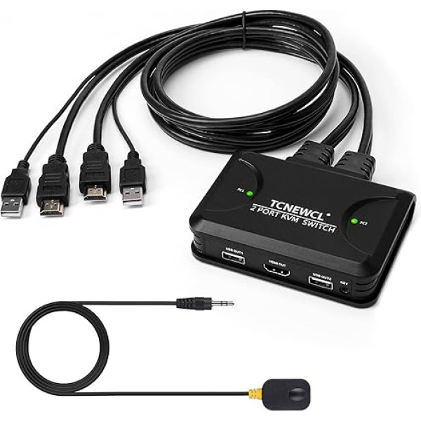 TCNEWCL 4K HDMI USB KVM slēdzis ar 1,2 m HDMI un USB kabeli, 2 portu KVM slēdzis HDMI KVM slēdzis 2 datoru daļām 1 HD monitora tastatūras pelei ar tālvadības pulti