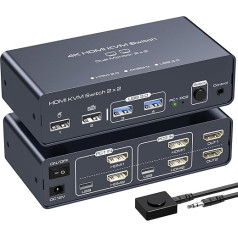 VEDINDUST KVM slēdzis 2 PC 2 monitori 4K60Hz KVM slēdzis Divu monitoru KVM slēdzis 2 monitori Kopēji 4 USB ierīces ar 1 darbvirsmas vadības ierīci (USB C netiek atbalstīts)