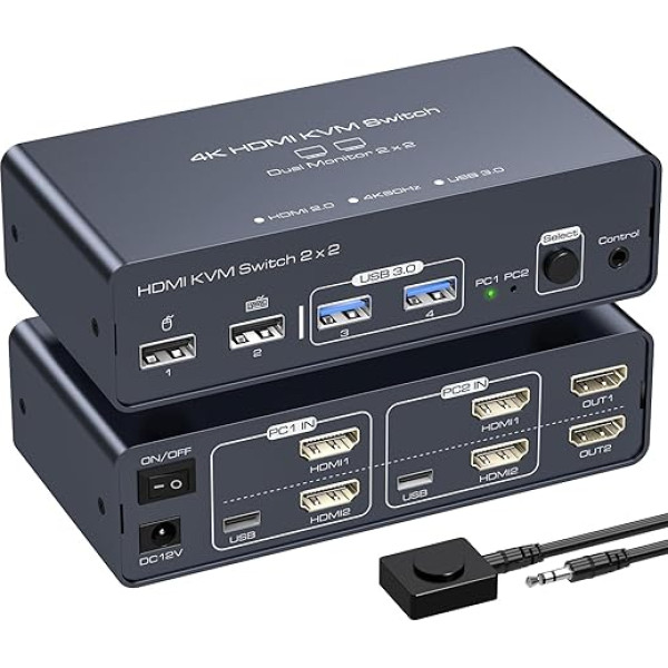 VEDINDUST KVM slēdzis 2 PC 2 monitori 4K60Hz KVM slēdzis Divu monitoru KVM slēdzis 2 monitori Kopēji 4 USB ierīces ar 1 darbvirsmas vadības ierīci (USB C netiek atbalstīts)