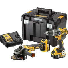 Dewalt DCK2080P2T 18 V akumulatoru kombinētais komplekts (1 x 18 V akumulatora triecienurbjmašīna DCD796, 1 x 18 V 125 mm akumulatora leņķa slīpmašīna DCG405, 2 x 18 V / 5 Ah Li-Ion akumulatori, lādētājs,