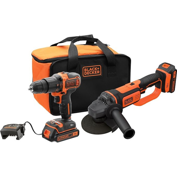 Black+Decker BCK24D2S-QW Urbis ar āmuru 18 V (21 000 ipm) un slīpmašīna 125 mm 18 V, ar 2 litija akumulatoriem 2 Ah un koferi