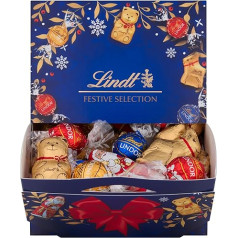 Lindt Ziemassvētku šokolādes koplietošanas kārba | 690g | 10 x mini Ziemassvētku vecītis, 10 x mini ziemeļbriedis, 10 x mini rotaļlieta, 10 x LINDOR 45%, piena, baltā | Ziemassvētku šokolādes dāvanas | Lielapjoma iepakojums