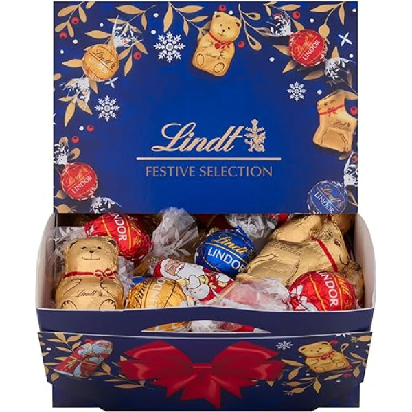 Lindt Ziemassvētku šokolādes koplietošanas kārba | 690g | 10 x mini Ziemassvētku vecītis, 10 x mini ziemeļbriedis, 10 x mini rotaļlieta, 10 x LINDOR 45%, piena, baltā | Ziemassvētku šokolādes dāvanas | Lielapjoma iepakojums