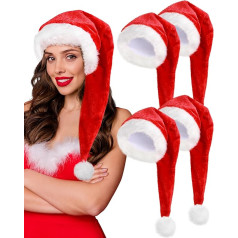 Geyoga Pack of 4 Ziemassvētku cepures Velvet Santa Hat pieaugušajiem Long Ziemassvētku cepure zēniem Meitenes meitenes Party Bags