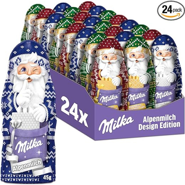 Milka Santa Claus Alpine Milk Design Edition 24 x 45 g I Šokolādes Santa Claus Bulk Pack I 3 dažādi dizaini I Ziemassvētku šokolāde no 100% Alpu piena