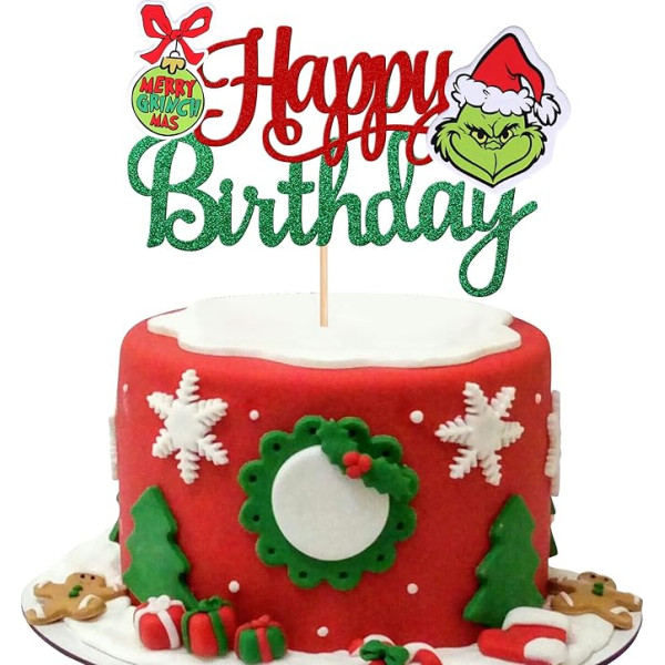 Xsstarmi 1 Pack Grinch Happy Birthday Cake Topper Glitter Merry Grinchmas Cake Pick Ziemassvētku tēma Happy New Year Holiday Party Cake Dekorācijas piederumi