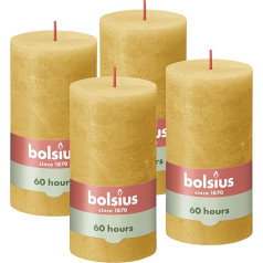 Bolsius Rustic Pillar Candles, okera dzeltens, 4 gabali, dekoratīvās mājas sveces, degšanas laiks 60 stundas, bez aromāta, dabīgs augu vasks, bez palmu eļļas, 13 x 7 cm