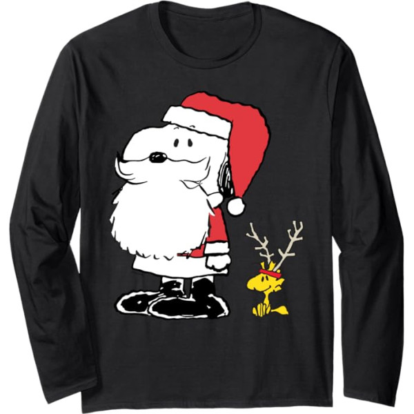 Peanuts Holiday Snoopy Woodstock Antlers Santa krekliņš ar garām piedurknēm, melns