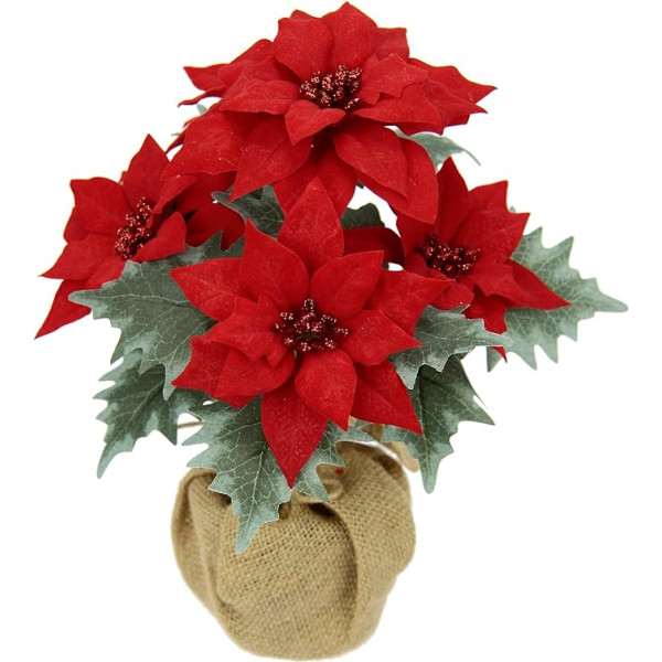 Poinsettie Mākslīgais zieds džutas podā Poinsettia Ziemassvētku zvaigzne Ziemassvētku dekorēšana Ziemassvētku ziedu dekorēšana Mākslīgais zieds Ziemassvētku dekoratīvais ziedu zars X'Mas pušķis Dāvanu dekorēšana