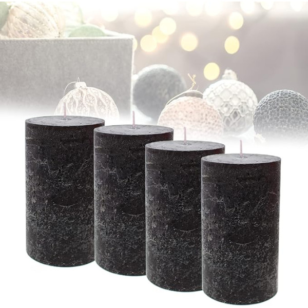 Smart-Planet 4 Ambiente Rustic Pillar sveču komplekts - melns - liela lauku svece 12 cm - ilgs degšanas laiks aptuveni 54 stundas Ziemassvētku sveces Adventa vainags