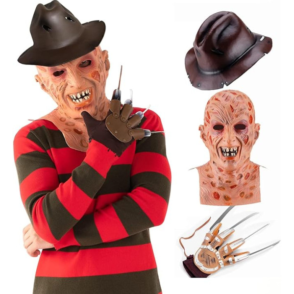 Yearsahrk Freddy Krueger kostīms 4 gabalu murga kostīms svītrains džemperis biedējoša maska cimds ar nagu kovboju cepure Halloween Cosplay pieaugušajiem