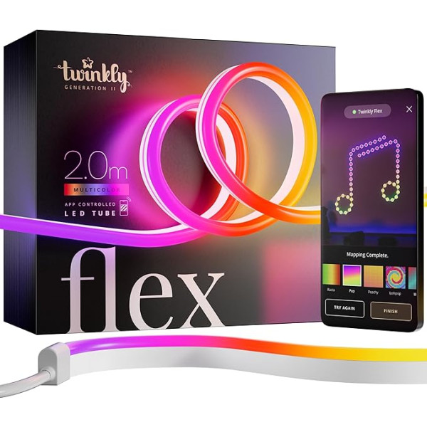 Twinkly Flex 2m, LED-Schlauch Multicolor, Flexibel und Kompatibel mit Home Kit, Alexa und Google Home, Gaming-Lichter, Über 16 Mio. Farben, Stromversorgung über USB-C, App-Steuerung, Weißes Kabel