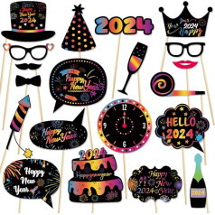 Dusenly 20 stücke Bunte 2024 Silvester Foto Booth Requisiten Lustige Happy New Year Photobooth Requisiten für 2024 Silvester Party Supplies