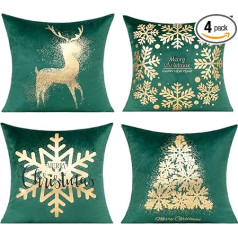 All Smiles Tumši zaļa zelta Ziemassvētku rotājumi Throw Pillow Cover 18 x 18 collu 4 gab Ziemas Xmas Indoor Home Decor Ornaments Velvet Navidad spilvens gultas dīvāns dīvāns Ziemassvētku eglīte ziemeļbriedis