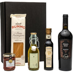 Geschenkset italienische Genüsse mit Rotwein Primitivo, Spaghetti, Sugo, Olivenöl Extra Vergine und Aceto Balsamico di Modena