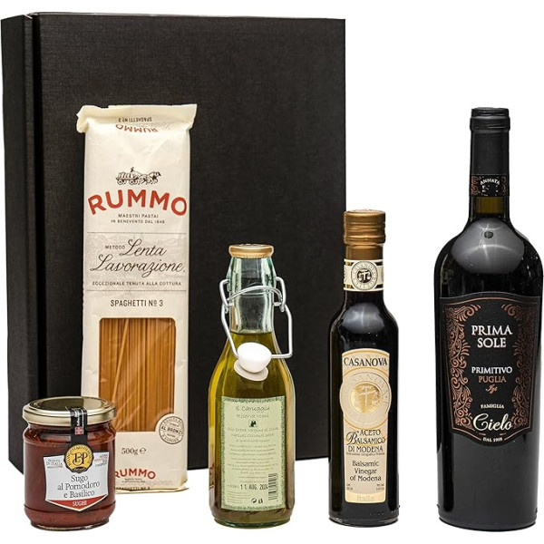 Geschenkset italienische Genüsse mit Rotwein Primitivo, Spaghetti, Sugo, Olivenöl Extra Vergine und Aceto Balsamico di Modena