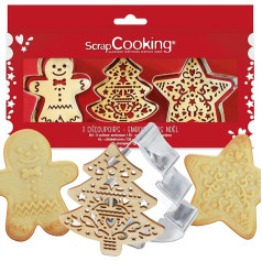 ScrapCooking 3 Ziemassvētku koka cepumu griezēju komplekts + reljefa izgriezējs - nerūsējošā tērauda cepumu griezēji reljefa konditorejas izstrādājumiem - cepšanas piederumi ar smilšu strūklu - 2110