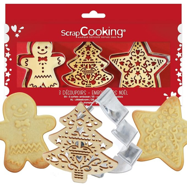 ScrapCooking 3 Ziemassvētku koka cepumu griezēju komplekts + reljefa izgriezējs - nerūsējošā tērauda cepumu griezēji reljefa konditorejas izstrādājumiem - cepšanas piederumi ar smilšu strūklu - 2110