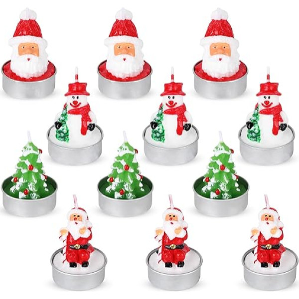 Gukasxi Ziemassvētku tējas gaismas sveces roku darbs Santa Claus Sniegavīrs Acorn Tree Candles, Ziemassvētku nearomatizētas tējas gaismas sveces Ziemassvētku mājas dekorēšanai dāvanas Pack of 12