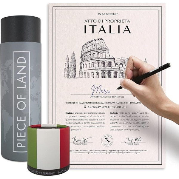 happylandgifts® Īsts Itālijas īpašums kā unikāla dāvana Bella Italia faniem, īpašumtiesību apliecība ar vēlamo vārdu, lai ierakstītu sevi, Itālijas dāvanas, dzimšanas diena