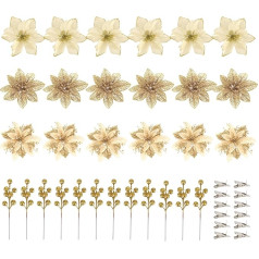 Lyneun 18 Stück Weihnachtsbaum Blumen und 12 Stück Rote Beerenstiele, Weihnachten Blumen mit 12Pcs Clips, Weihnachtsstern Blumen für Christbaumschmuck Kränze