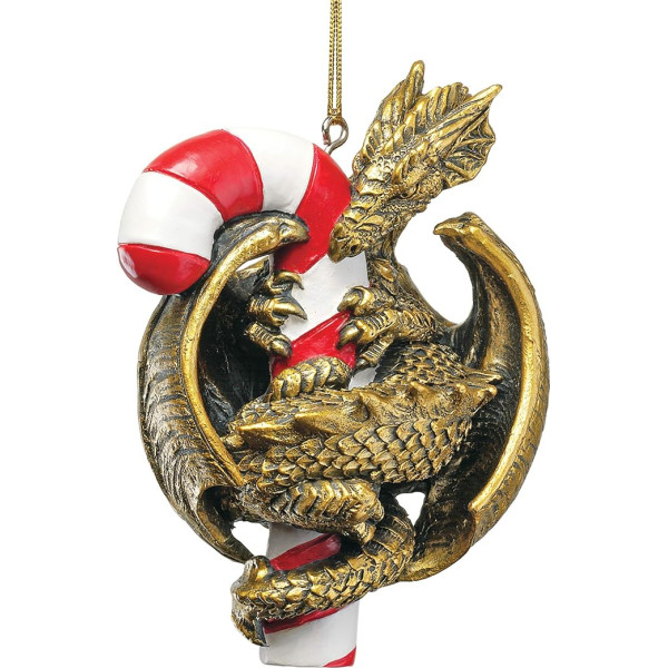 Design Toscano Drache-Statue, Christbaumschmuck, Sweet Tooth Drachen auf Zuckerstange-Feiertags-Verzierung