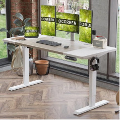 Ocgreen Height-Adjustable Desk, 160 x 76 cm, Height-Adjustable Electric Desk with Table Top, 2-Way Telescope, Standing Desk with Memory Control