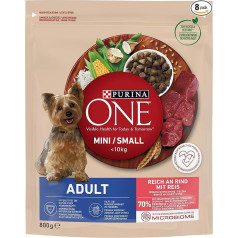 PURINA ONE Mini/Small Suaugušo sausā barība maziem suņiem, ar liellopu gaļas un rīsu piedevu, 8 gab. (8 x 800 g)