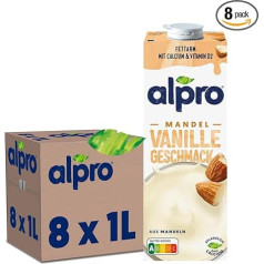 Alpro Mandeļu dzēriens ar vaniļu, augu dzēriens, vegāns, bez laktozes, bez glutēna, UHT, 8 x 1 L