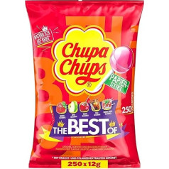 Chupa Chups Best of Lollipop maisiņā ir 250 konfektes ar 6 garšām, piemēram, kolas, zemeņu, ķiršu, ābolu, aveņu un vaniļas, 250 x 12 g.