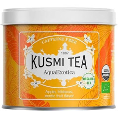 Kusmi tēja - AquaExotica - Hibiscus, mango, pūķa augļu un ābolu bioloģiskais maisījums - augļu tēja - bioloģiskā bez teīna - baudāma karsta vai kā ledus tēja - 100g metāla skārda aptuveni 50 tasītēm