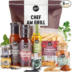 Gepp's Feinkost Chef am Grill Gift Basket for Men, Delicious Grill Gift with Grill Sauces, Whiskey Mustard, Chilli Oil, Black Lava Salt, Gourmet Pepper & Grissini, Gift Idea for Him