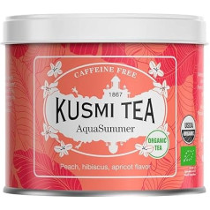 Kusmi Tea - AquaSummer - bioloģisks augļu tējas maisījums ar hibiskusu, āboliem, aprikozēm un persikiem - hibiskusu tēja bez kofeīna - izbaudiet karstu vai ledus tēju - 100g metāla skārda - 50 tasīšu daudzums