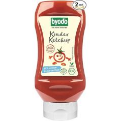 Byodo Bioloģiskais kečups bērniem, 2 x 300 ml PET pudele, 100% bioloģiskas sastāvdaļas, 85% tomātu pastas, itāļu kvalitāte, agaves saldums, bez mākslīgām piedevām, ideāli piemērots bērniem, ražots Itālijā.