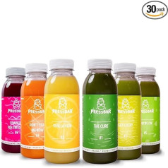 Pressbar sulu terapija 5 dienām - 30 auksti spiestas sulas pa 330 ml - bez cukura un 100% svaigi augļi un dārzeņi - ideāla badošanās procedūra (ieskaitot 4,50 € vienreizēju depozītu)